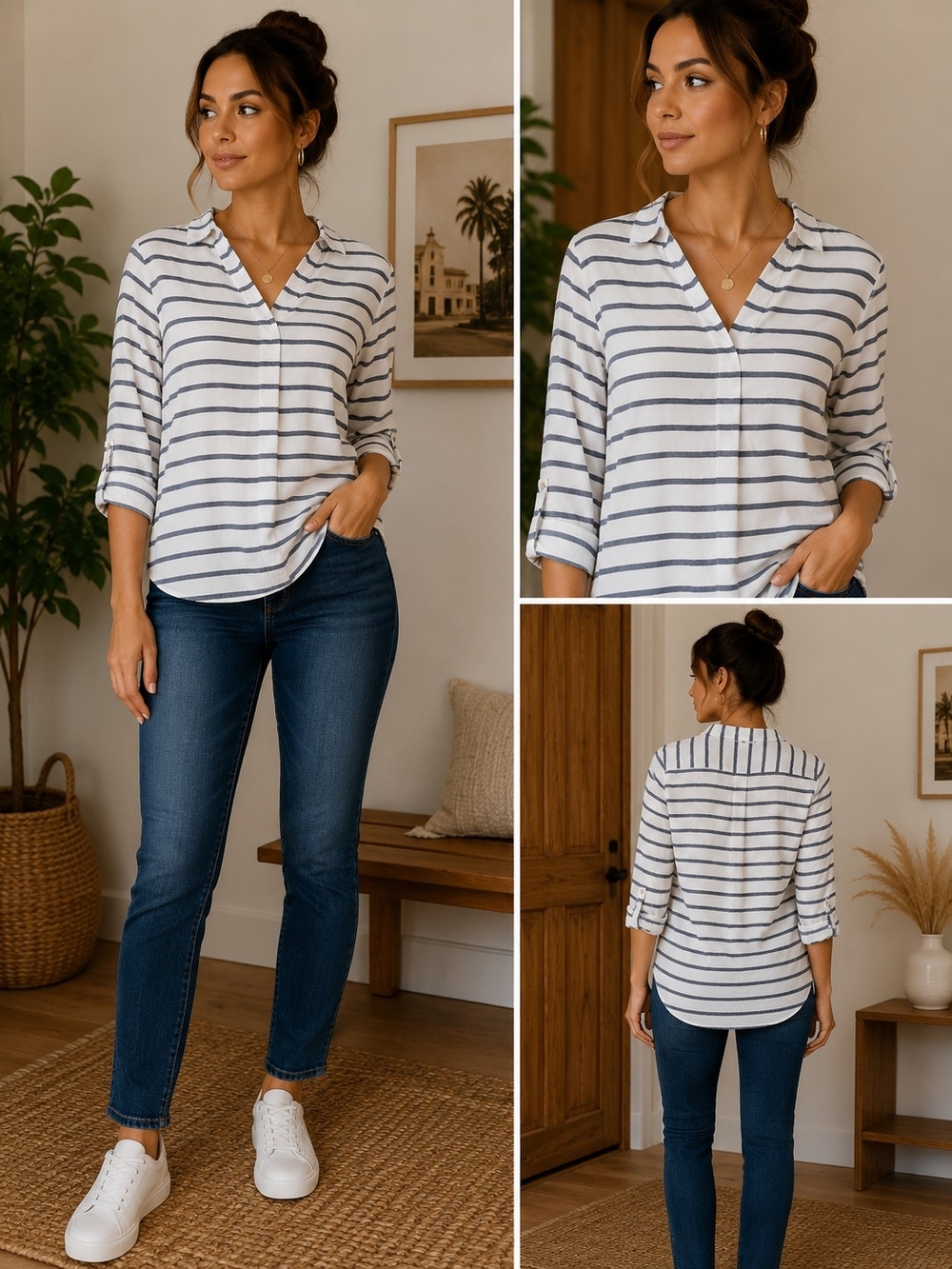 croft & barrow White Top with Navy Vertical Stripes
